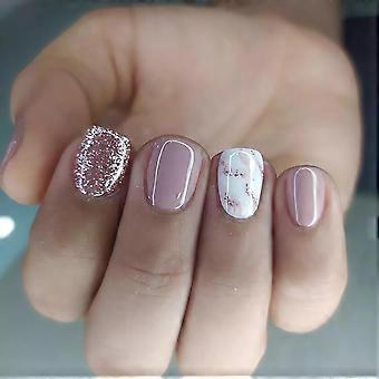 Short Square Press on Nails Purple Marble Glitter Reusable Glossy Acrylic Fake Nails 24 Pcs