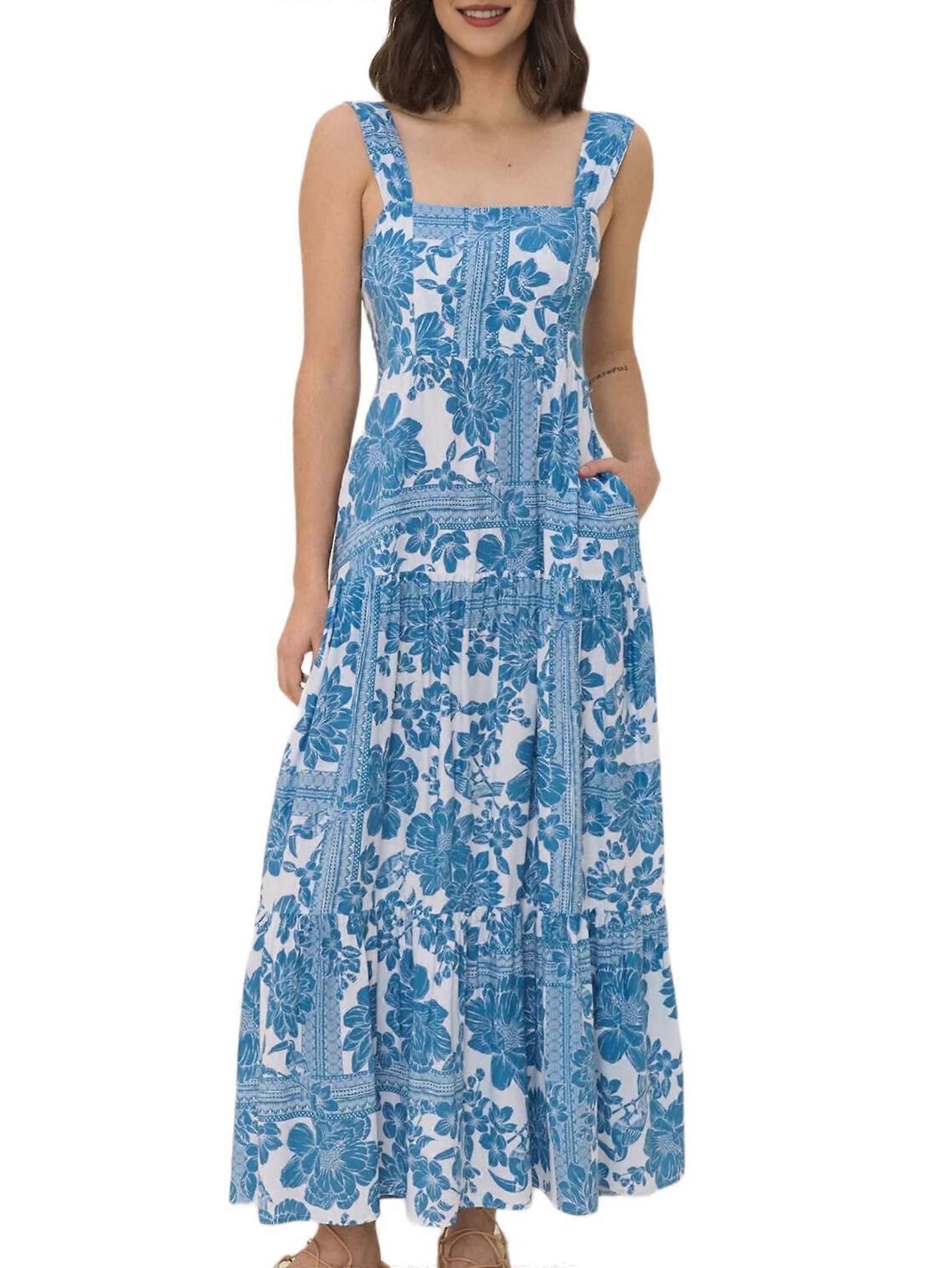 Women'S Summer Spaghetti Strap Flowy Maxi Dress Boho Floral Ruffle Long  Vacation Beach Dresses Blue L | Fruugo UK
