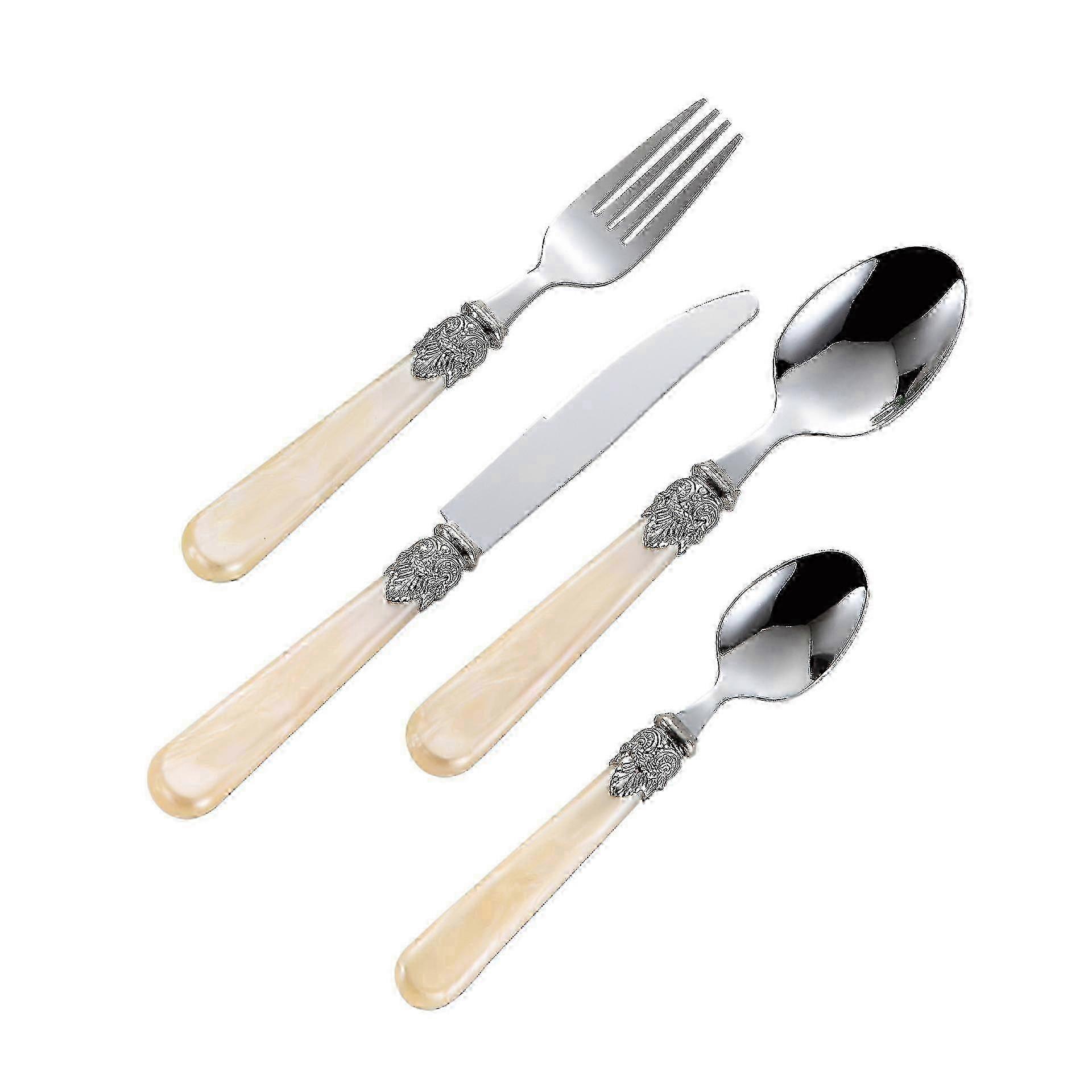 Set di posate in stile antico con manici color crema, in acciaio inossidabile, 4 pezzi.