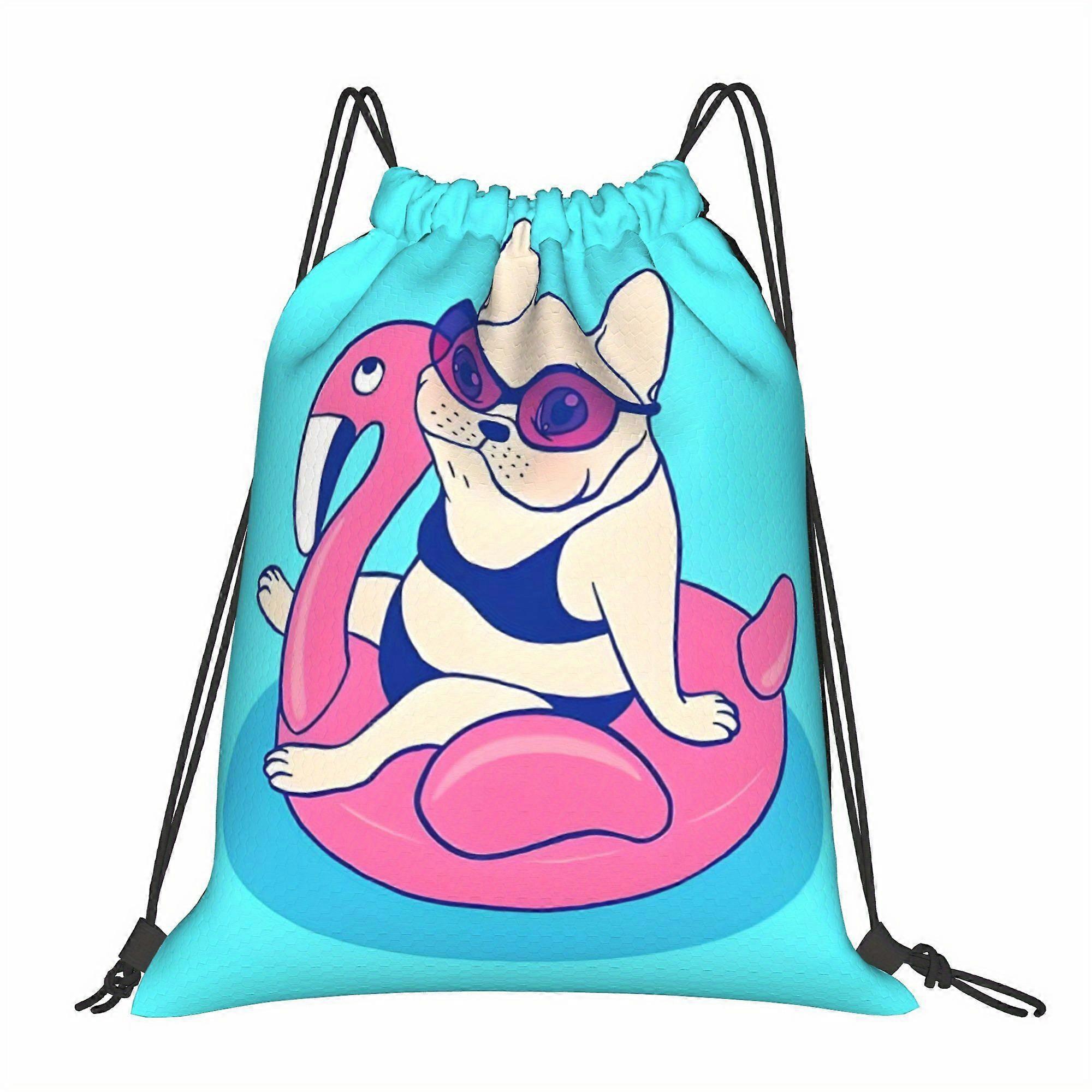 Frenchie Summer Flamingo Pool Float Drawstring Backpack - Cartoon Dog Design, Soft Shell with Practical Pockets, Machine-Cqazw