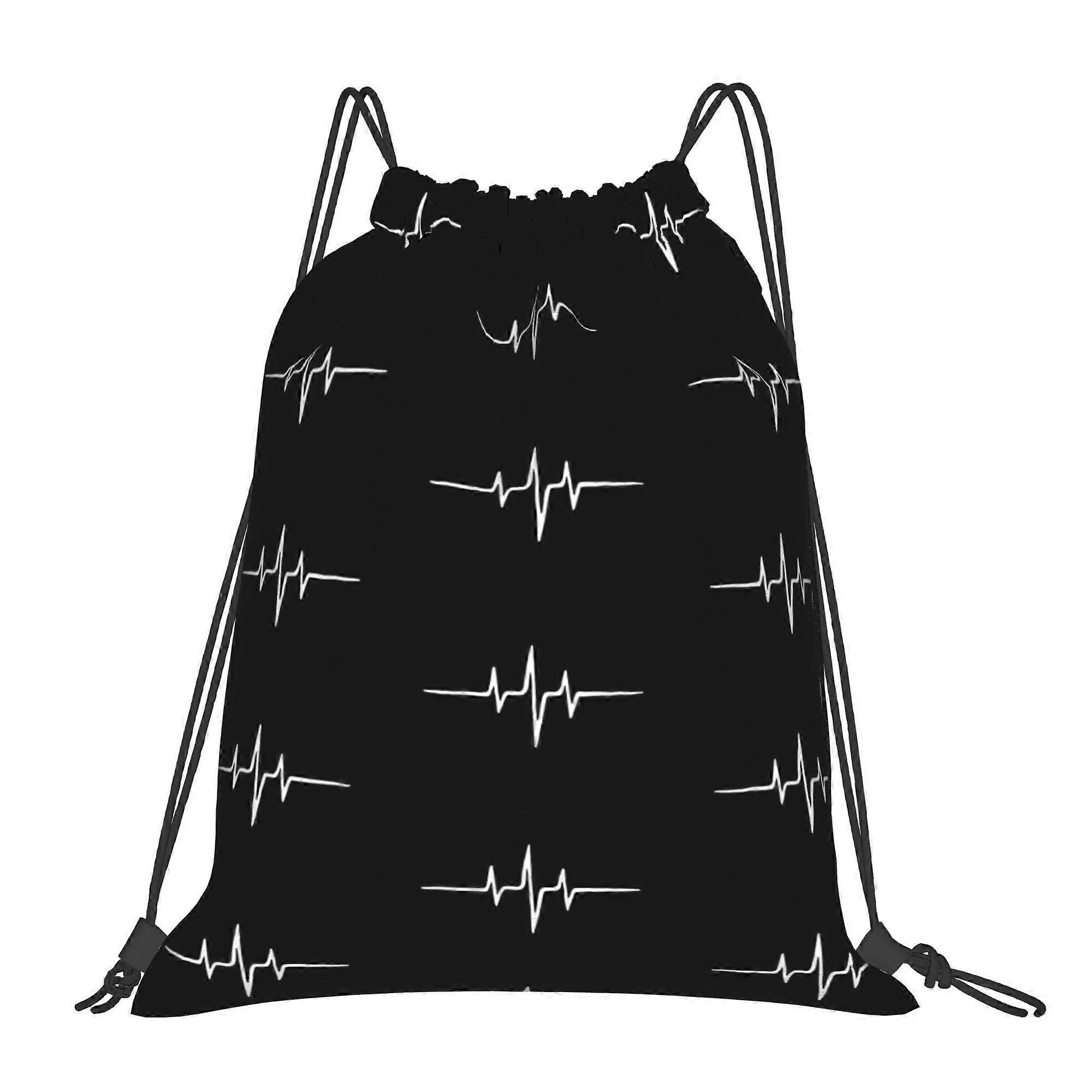 Music Pulse Frequency Drawstring Backpack - Black Polyester Soft Shell with ECG Heartbeat Pattern, Utility Pockets, Mach-Cqazw