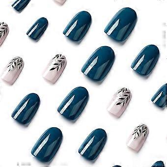 24 Pcs Fall Press on Nails Medium, LPOODDNU Almond Press on Nails Black Leaf Fake Nails, Full Cover Blue Glue on Nails, Reusable Stick on Nails 24Pcs