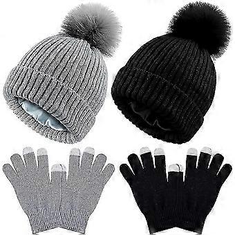 4-teiliges Winter-Set für Damen mit Satin-Futter und Strick-Bommelmütze sowie Touchscreen-Handschuhen
