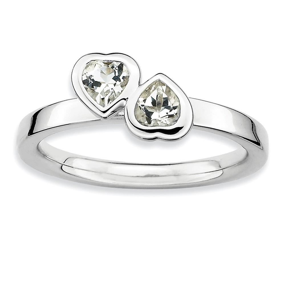 925 Sterling Silver Bezel Polished Stackable White Topaz Double Love Heart Ring Stackable Ring for Women - Ring Size: 5