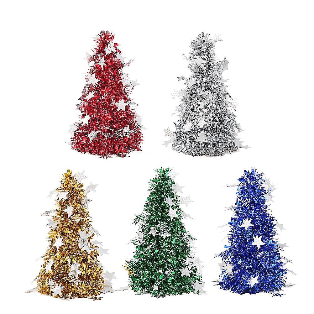 5 Pcs Mini Simulative Christmas Tree Shape Shinny Decoration Metalic Diy Desktop Tree Model Party Decor With Pentagram Pendants (golden Silver Red Blu