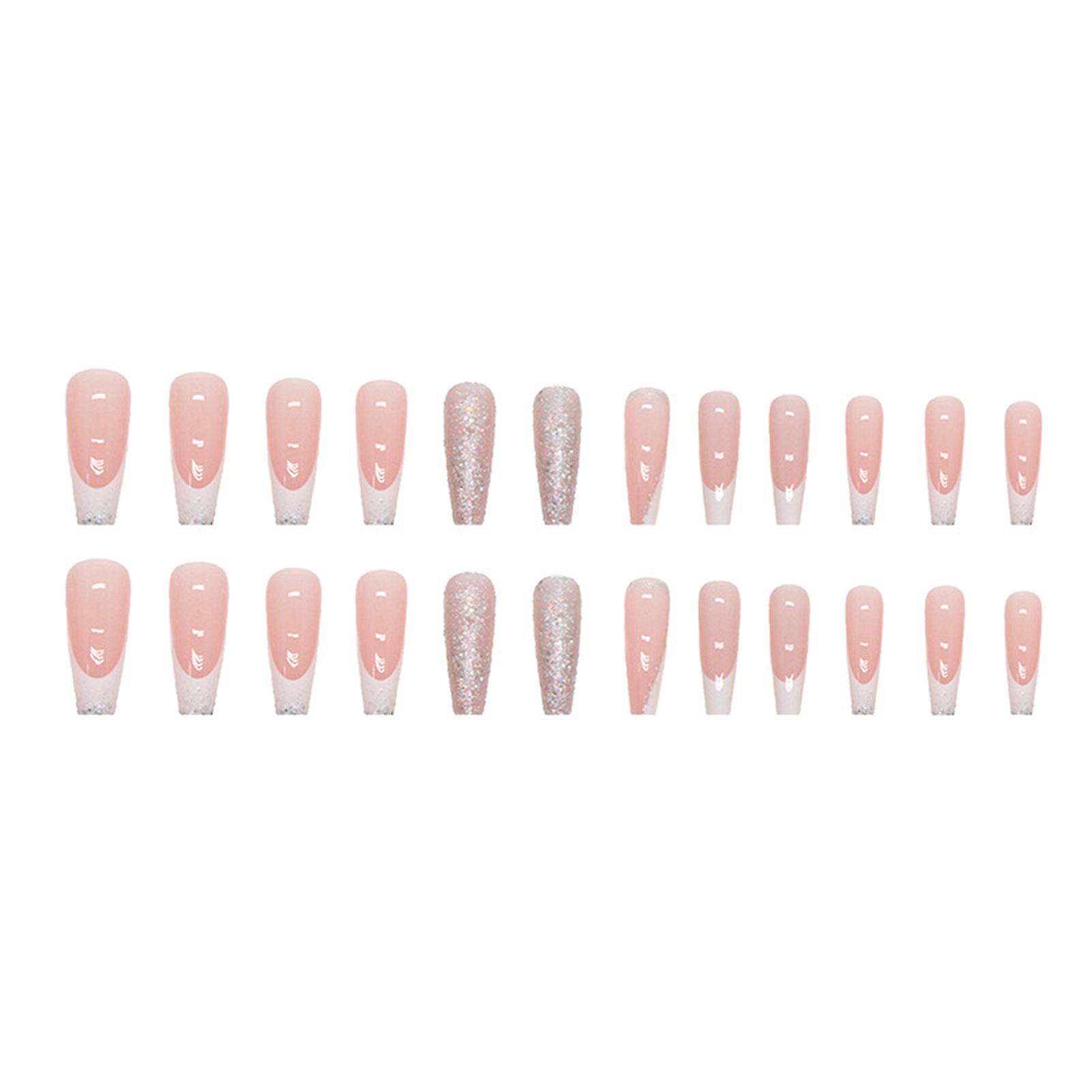 Pink Long Ballet False Nails With Flash Sequin Sweet & Charming Reusable False Nails For Hot Girl Dress Matching