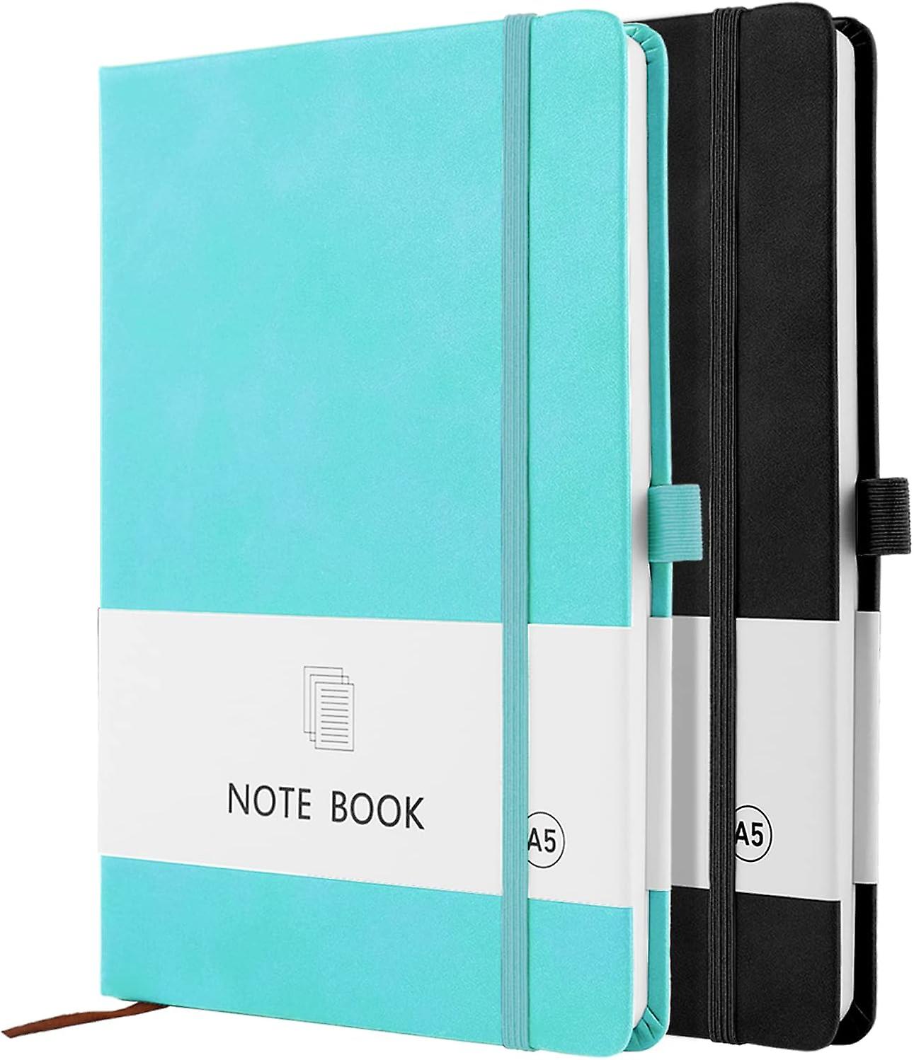 A5 Notebook, 2 Pack Notebook A5 200 Pages 100 GSM Journal Notebook Hardback Notepad with Bookmark, Pen Loop, and Elastic Closure (Black+Cyan)