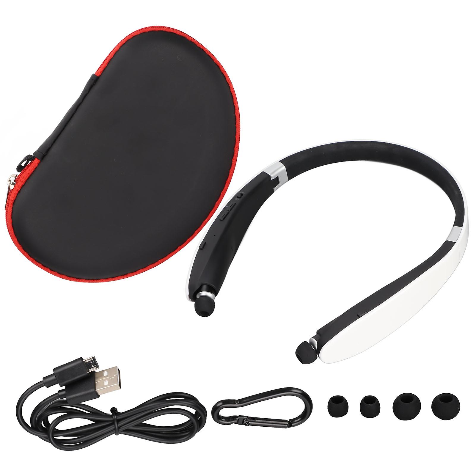 White Neckband Bluetooth Headphones - Noise Cancelling, Retractable Earbuds, Long Battery