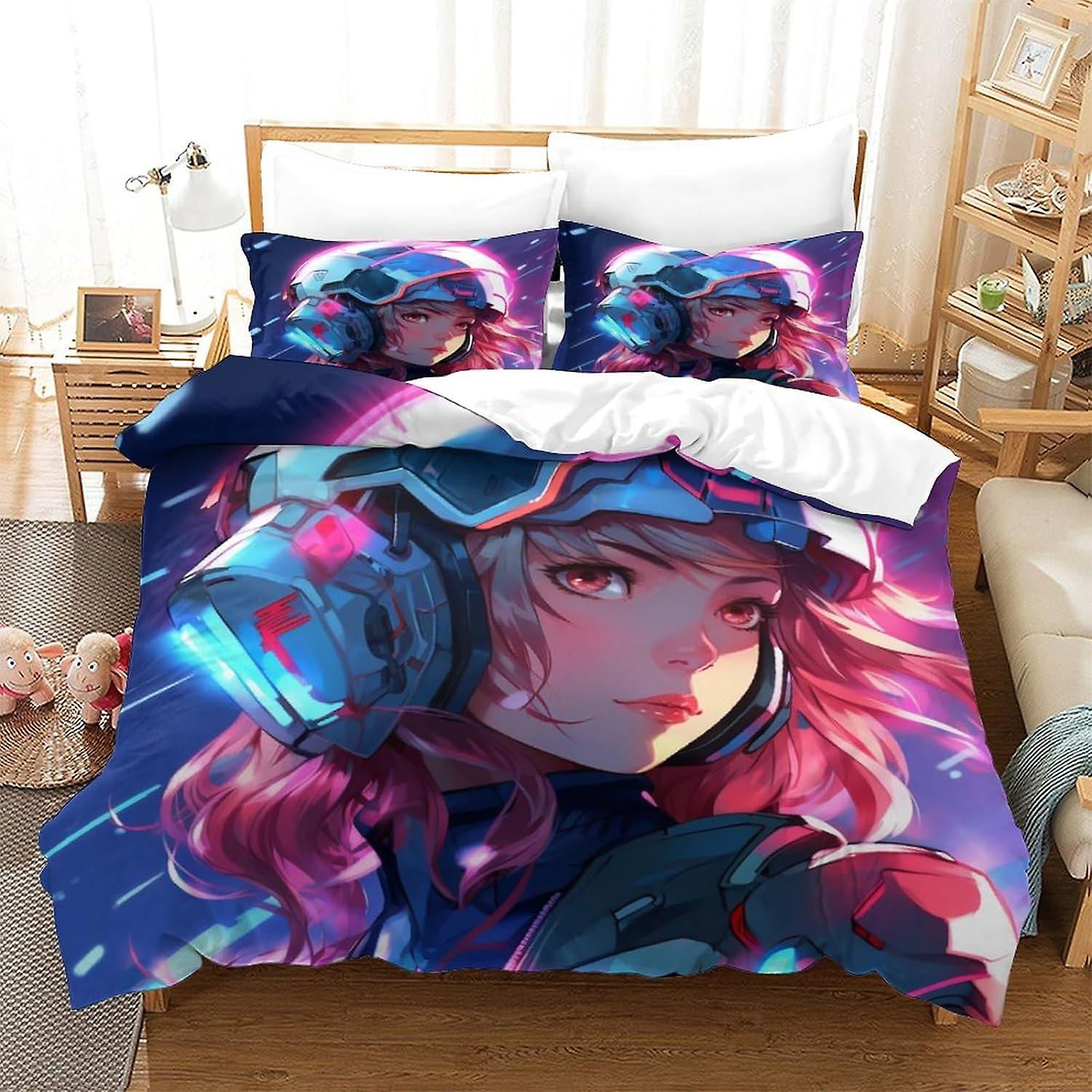 Helmet Girl Bedding Set 3D Outer Space Duvet Cover Set, Soft 100% Microfiber Bed Set 3PCS, Print Single Double King Size Microfibre Duvet Cover Set wi