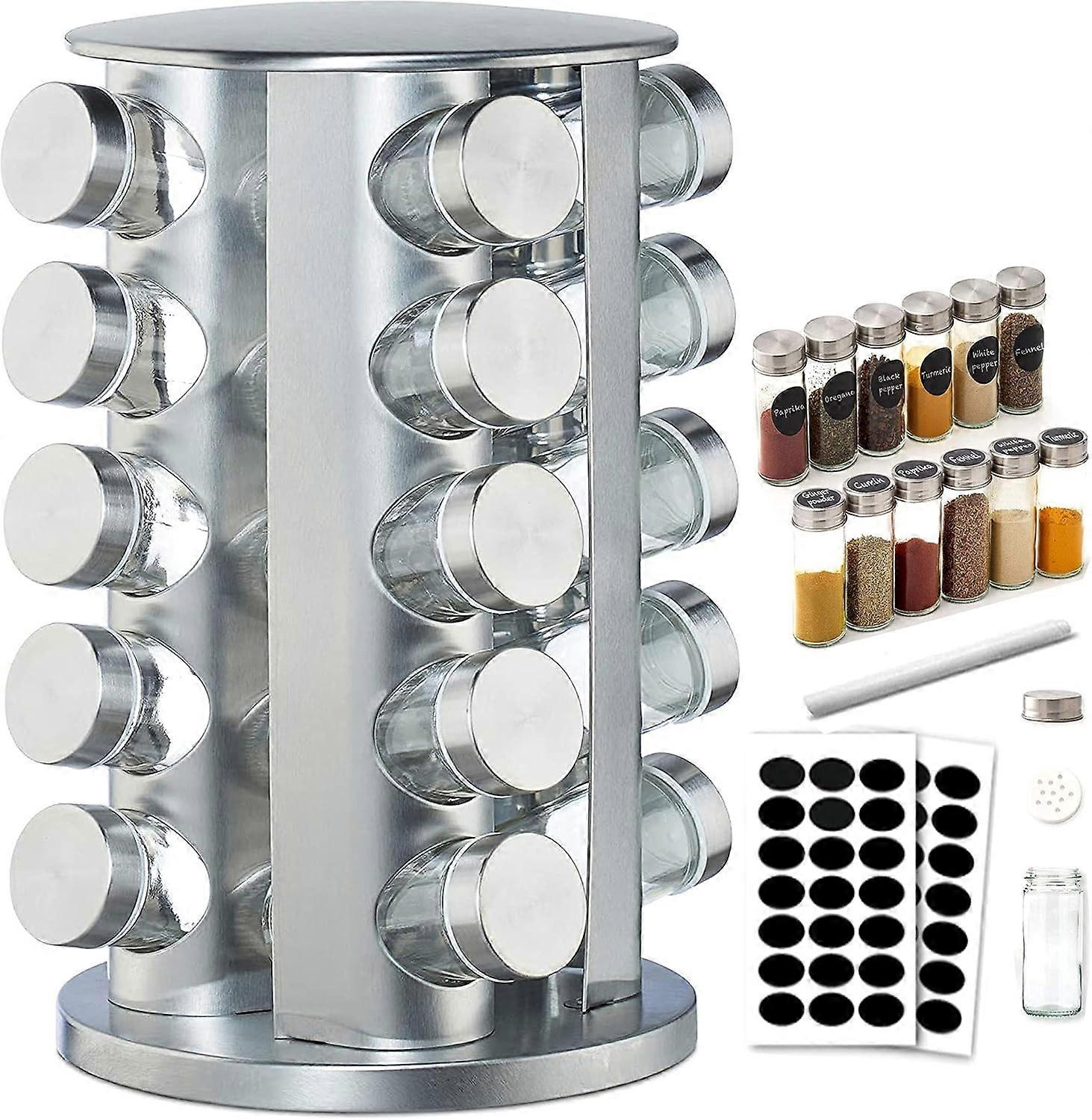 bra Spice Display Rack, 360 roterande hyllor, 430 karusell i rostfritt stål, Spice Storage Rack, 20 glasburkar med lock, fristående förvaring för Kitc