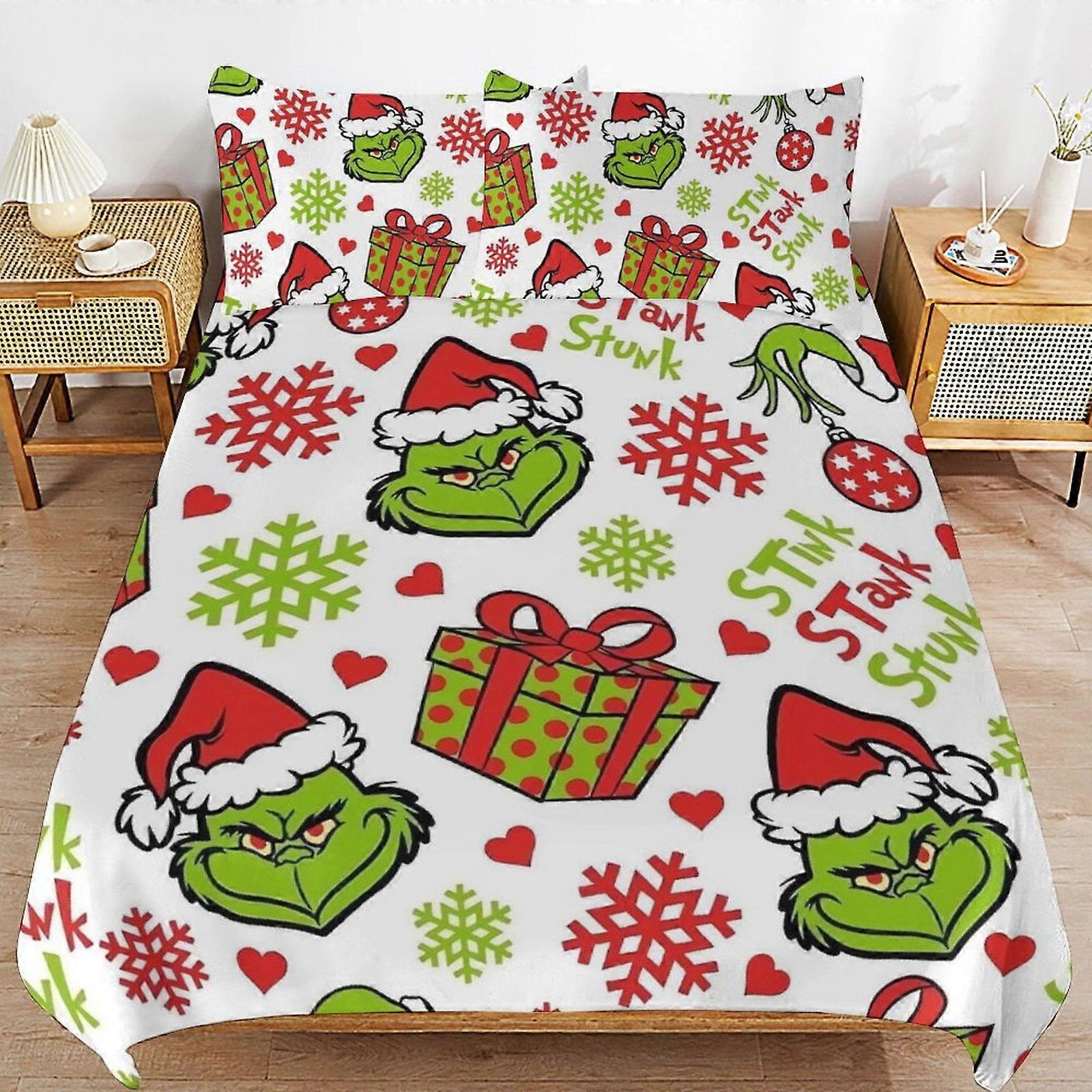 v4388 Lençóis de Cama de Natal Grinc-h Grin-ch 3 PCS Conjunto de Conforto com 2 Fronhas, Conjunto de Lençóis de Natal Grinc-h Grin-ch Conjunto de Lençóis para Crianças Adul