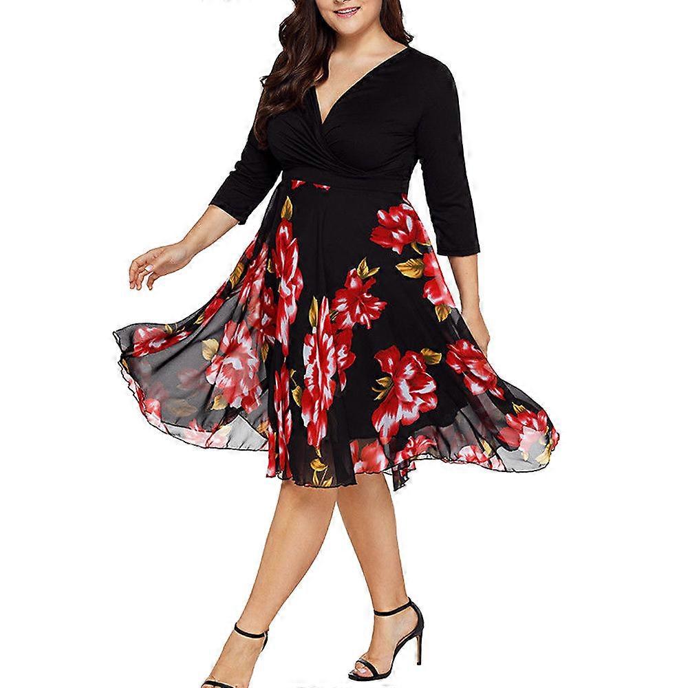 Plus Size damska sukienka z krótkim rękawem z dekoltem w szpic z nadrukiem cyfrowym