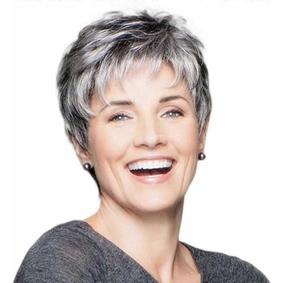 Womens Gradient Grey Short Wavy Curly Wig Boy Cut Pixie Hair Full Wigs
