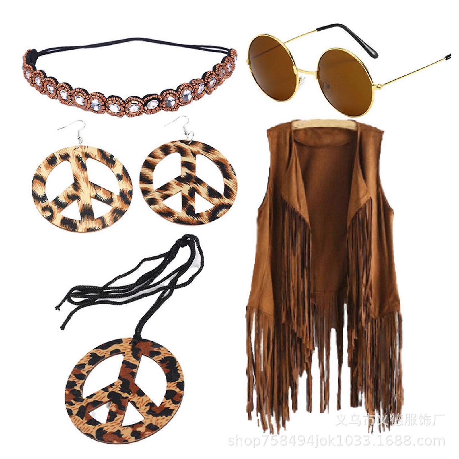 70s Hippie κοστούμι για τις γυναίκες Ειρήνη σημάδι σκουλαρίκι κολιέ κεφαλόδεσμος κρόσσια γιλέκο φούντα