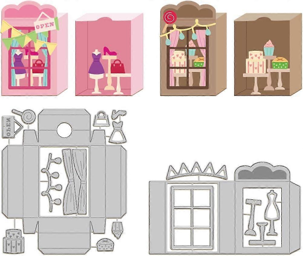 2 Sets 3D Box Window Display Cutting Dies for Card Making Clothing Cake Carbon Steel Embossing Stencils Template for Decorative Embossing Paper Card D