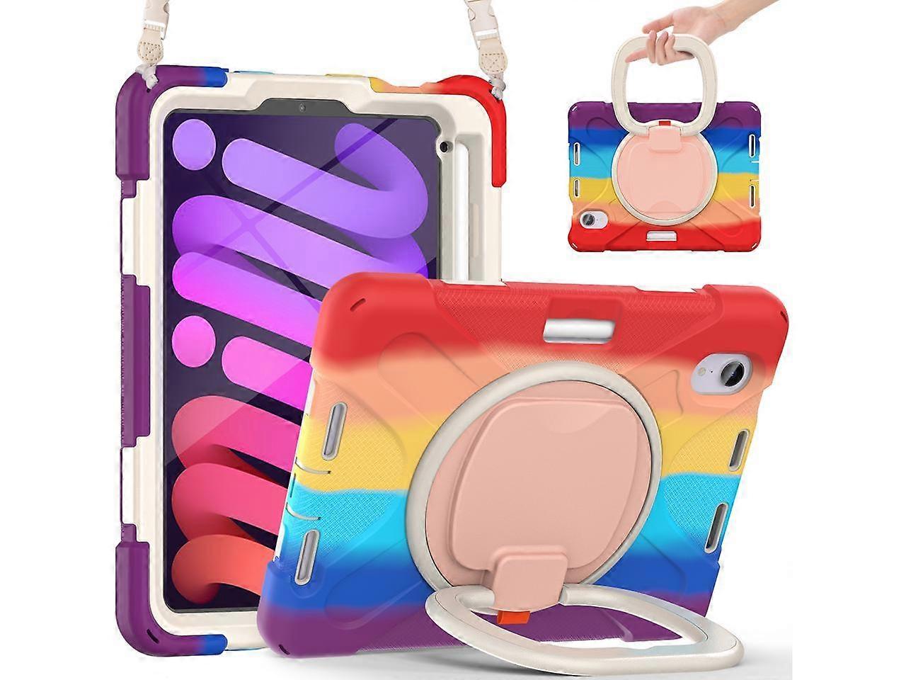 New iPad Mini 6 Case 2021 with Rotating Stand / Hand Strap / Shoulder Strap / Pencil Holder Shockproof Kids Cover for iPad Mini 6th Generation 8.3 inc