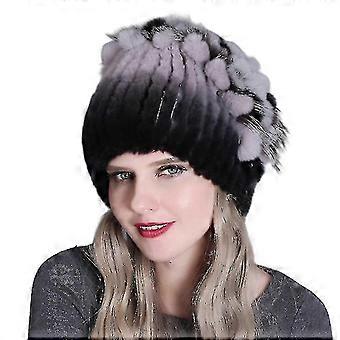 Winter Women Rabbit Fur Beanies Hat Warm Headwear Elastic Knited  Linner  Caps With Fur Pompoms Christmas Gift For Women