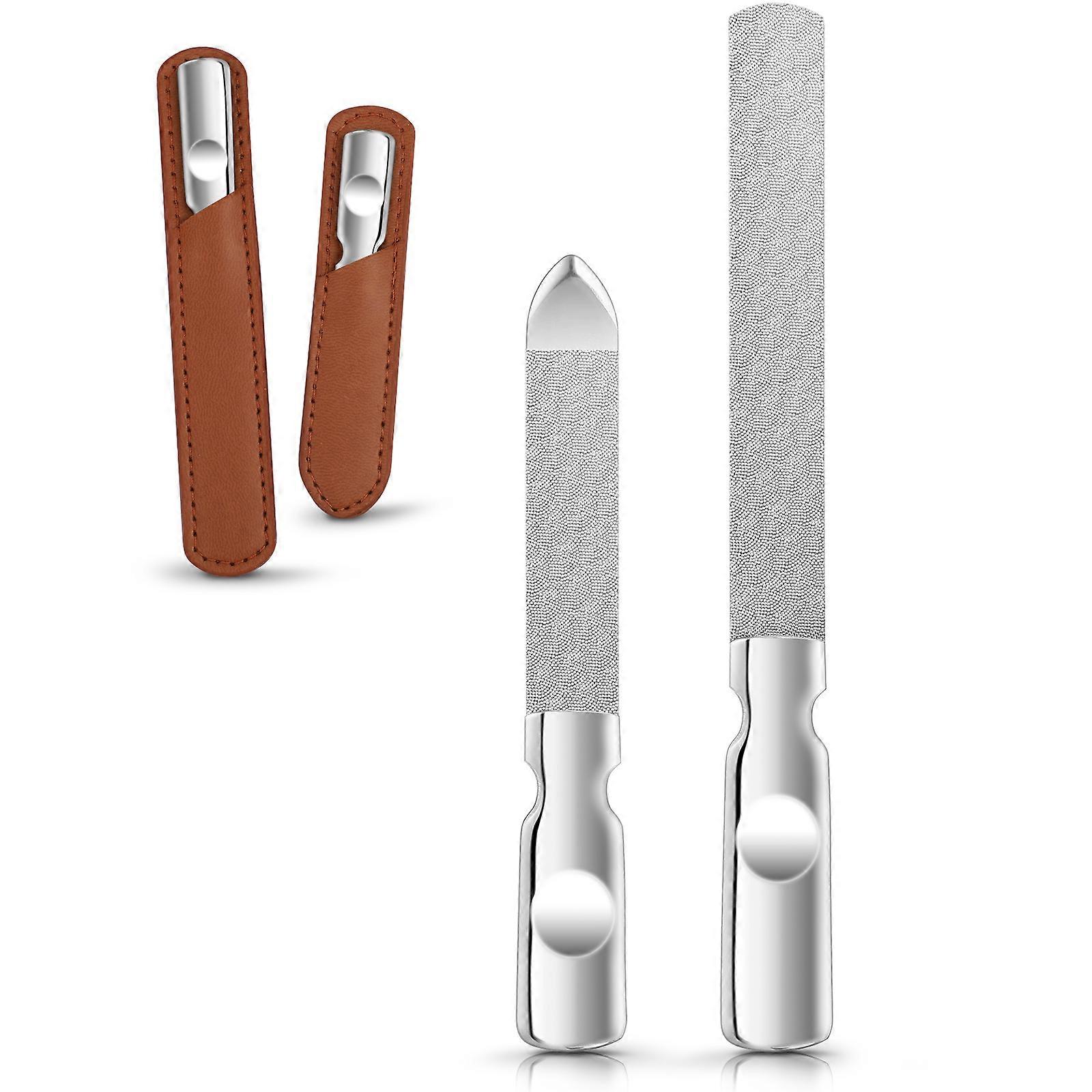 2Pcs aço inoxidável unha lima dupla face manicure pedicure ferramentas com capa de couro para homens mulheres
