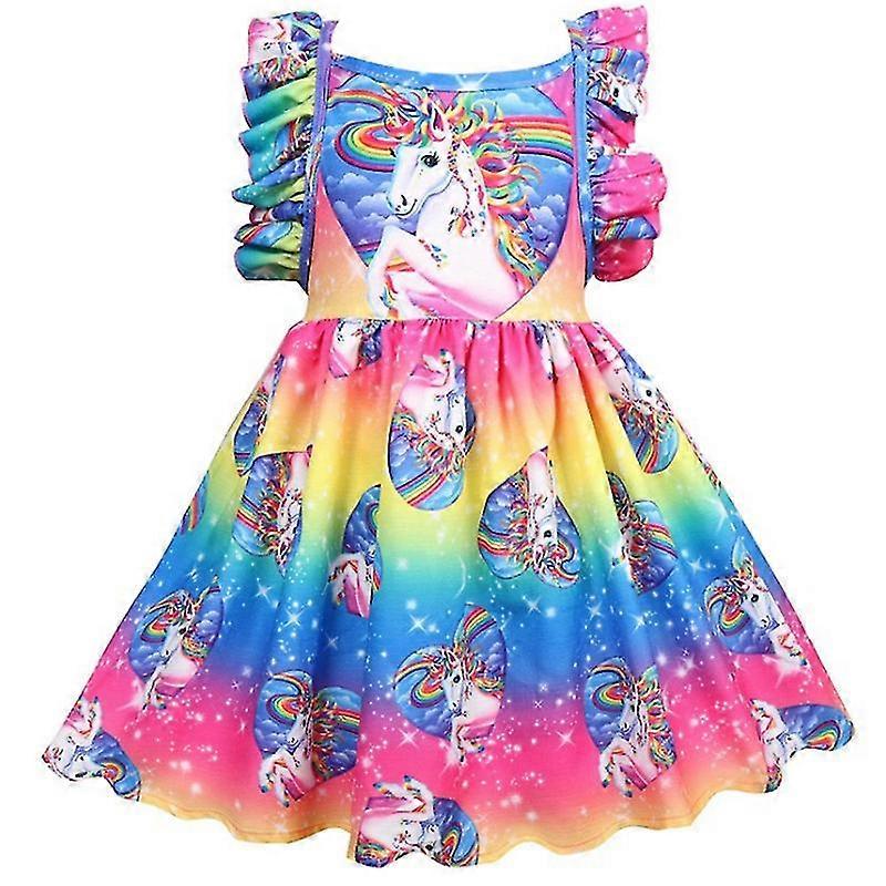 Crianças Unicórnio Ruffle Vestido de Sol Meninas Festa Gradiente Arco-Íris Arco-Íris Vestido swing