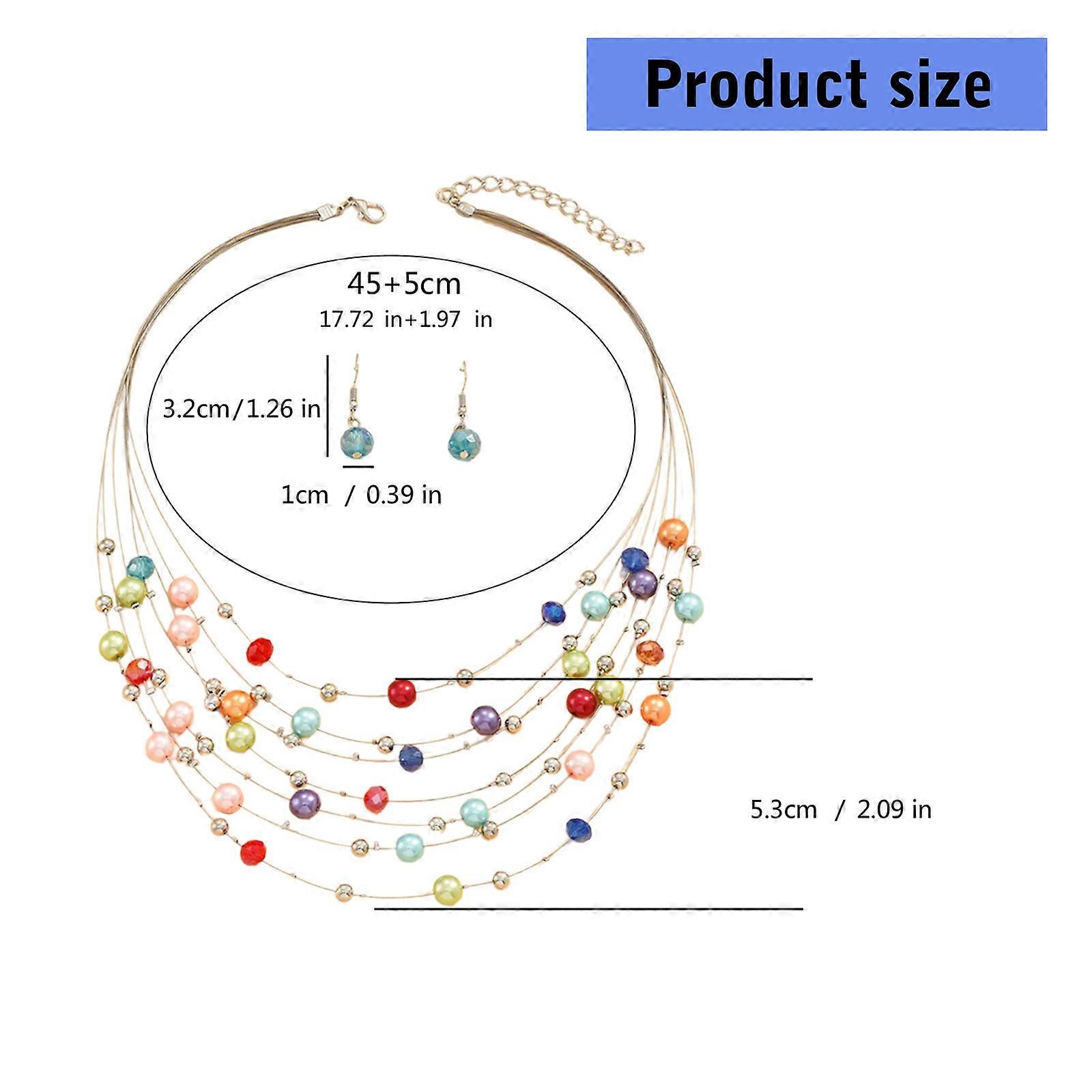 Bunte Perlenkette und Ohrring Set Mehrschichtige Perlen Perlenkette und Ohrringe Set mit Kristallverzierung Weiß