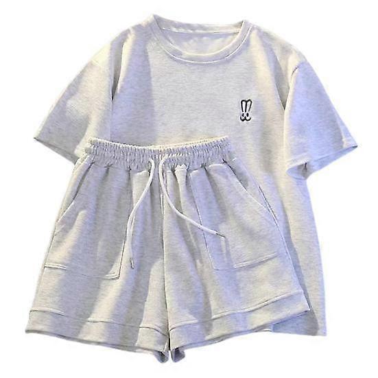 2 Pcs/Set Women T-shirt Shorts Suit Round Neck Solid Color Short Sleeves Top Drawstring Elastic Waist Loose Pants Lady Tracksuit Casual Daily Outfit