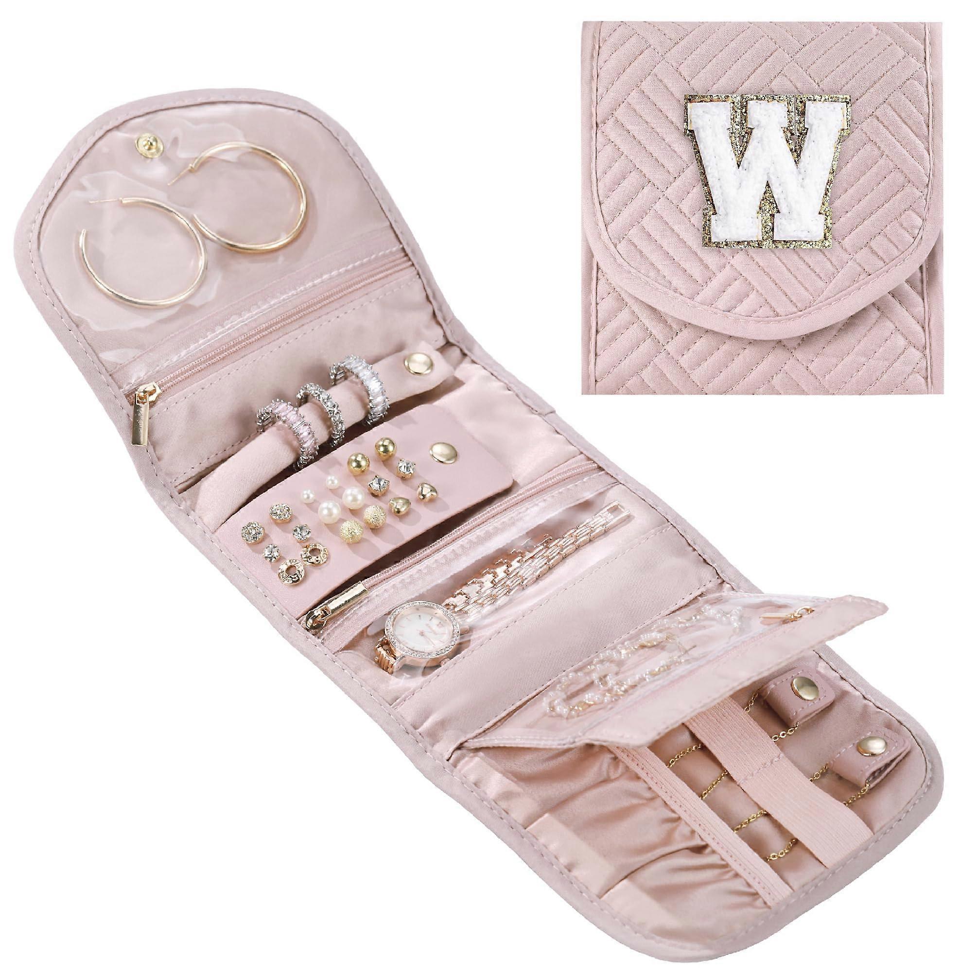 Foldable Jewelry Organizer Case Soft Pink Initial W Travel Gift Compact Design Portable Storage Solution