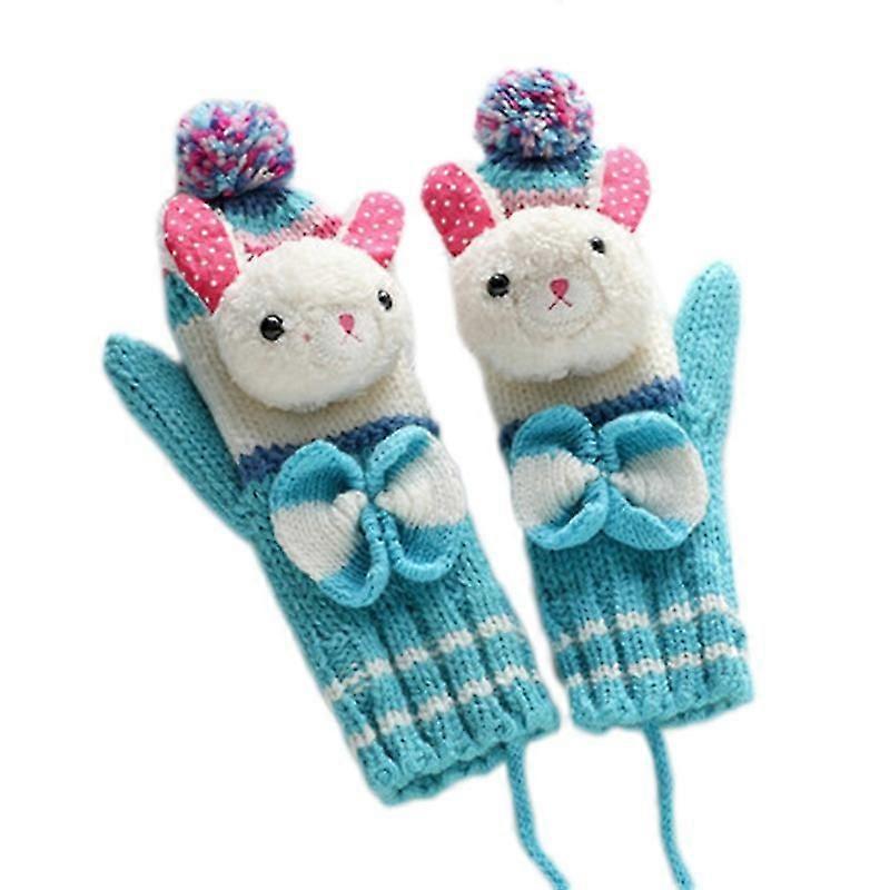 Toddler Kids Winter Warm Chunky Knit Full Finger Gloves Thermal Plush Lined 3d Cartoon Rabbit Mittens With String