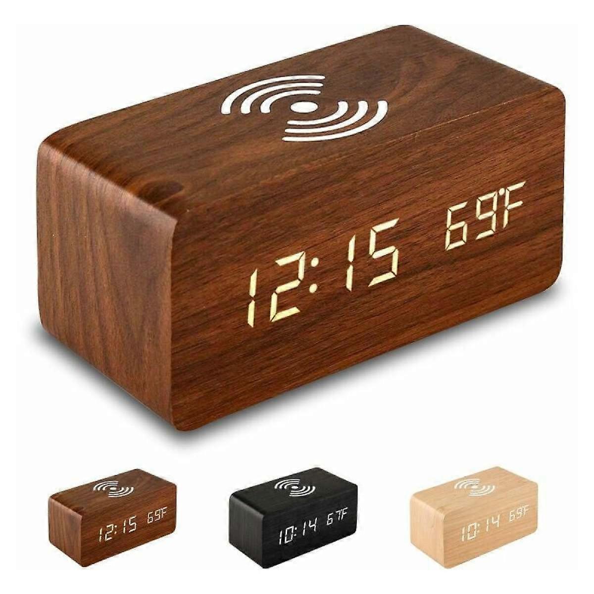 Digital LED Alarm Clock, Classic Rosewood Design, Multi-Function Desk Clock with Time, Temperature and Adjustable Brightness