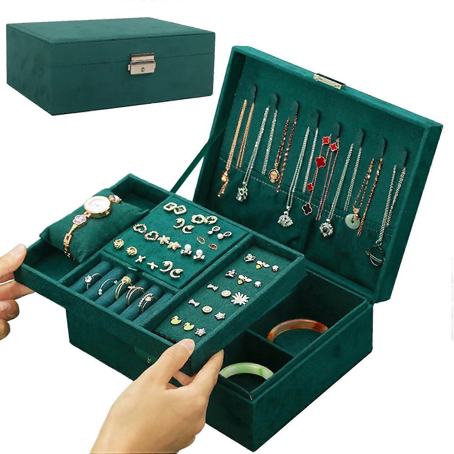 2 Pack Lockable 2-Tier Jewelry Box Organizer for Travel, Display, Compact Storage, and Durable Design