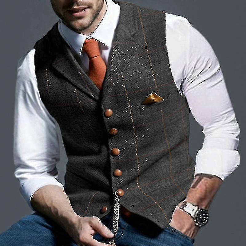 Herren Herringbone Tweed Weste - Gekerbtes Revers Karo Casual Design