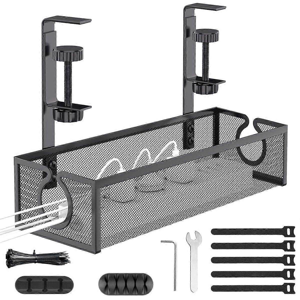 Under Desk Cable Management Tray, No-Drill Mesh Table Cable Basket for Managing Cables and Power Strips, No Screws Tidy Box Wire Organiser for Home, O