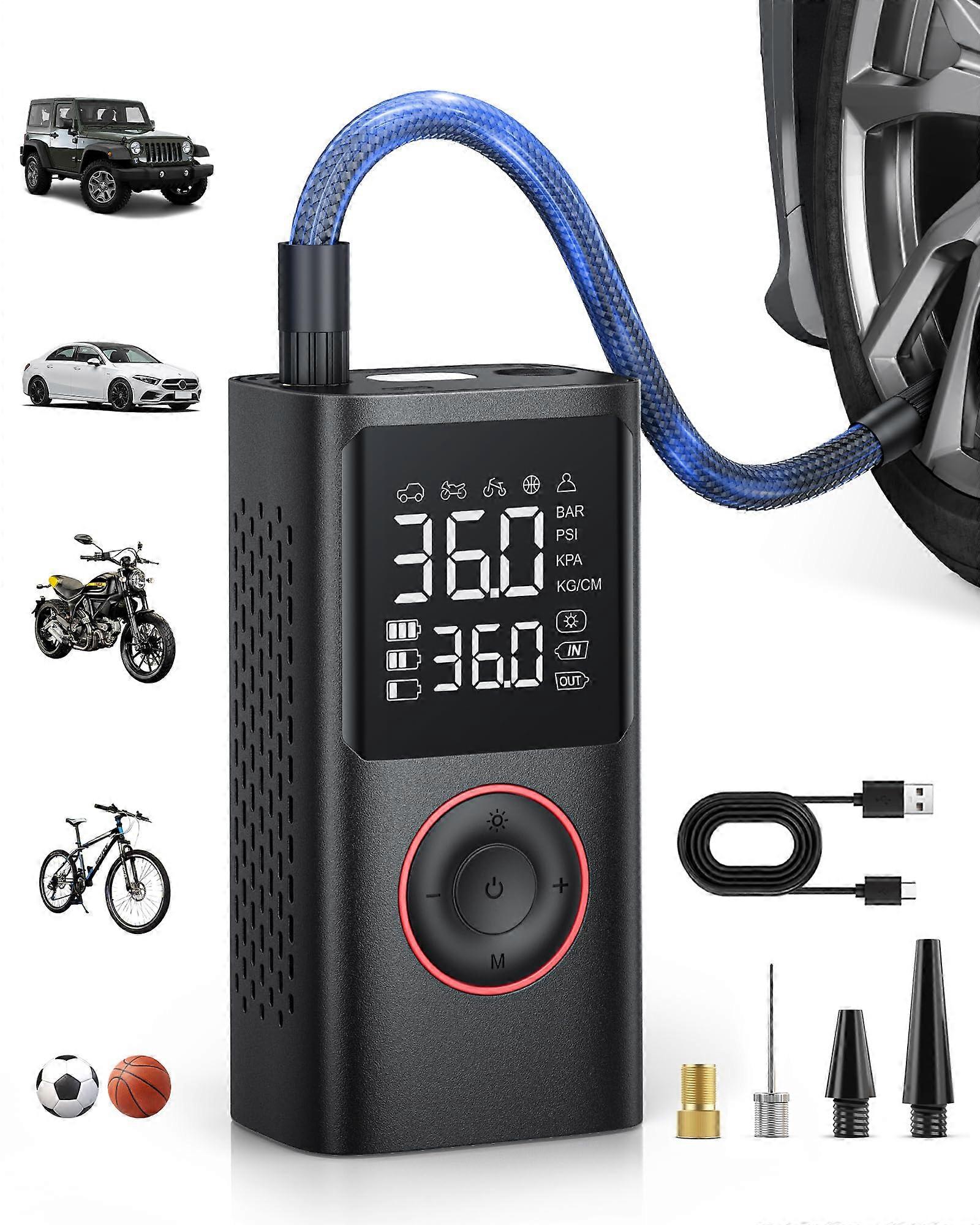 Tire Inflator Cordless 150 PSI Air Pump For Auto Motorcycle Bicycle Balls With Pressure Gauge LED Light Black X-Small