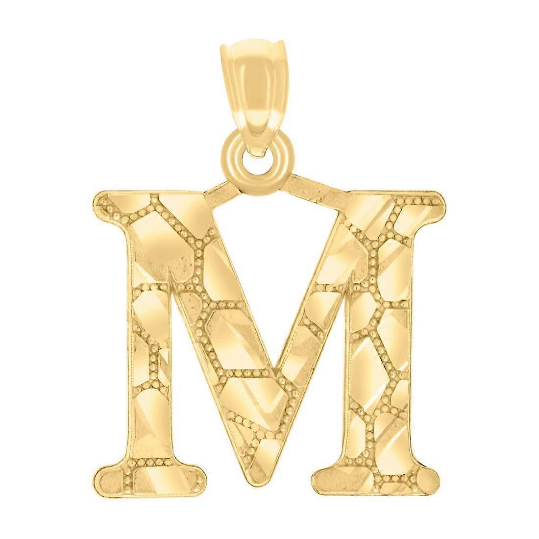 14k Yellow Gold Unisex Diamond-Cut Nugget-Unisex Letter Name Personalized Monogram Initial Alphabet M Charm Pendant Neck