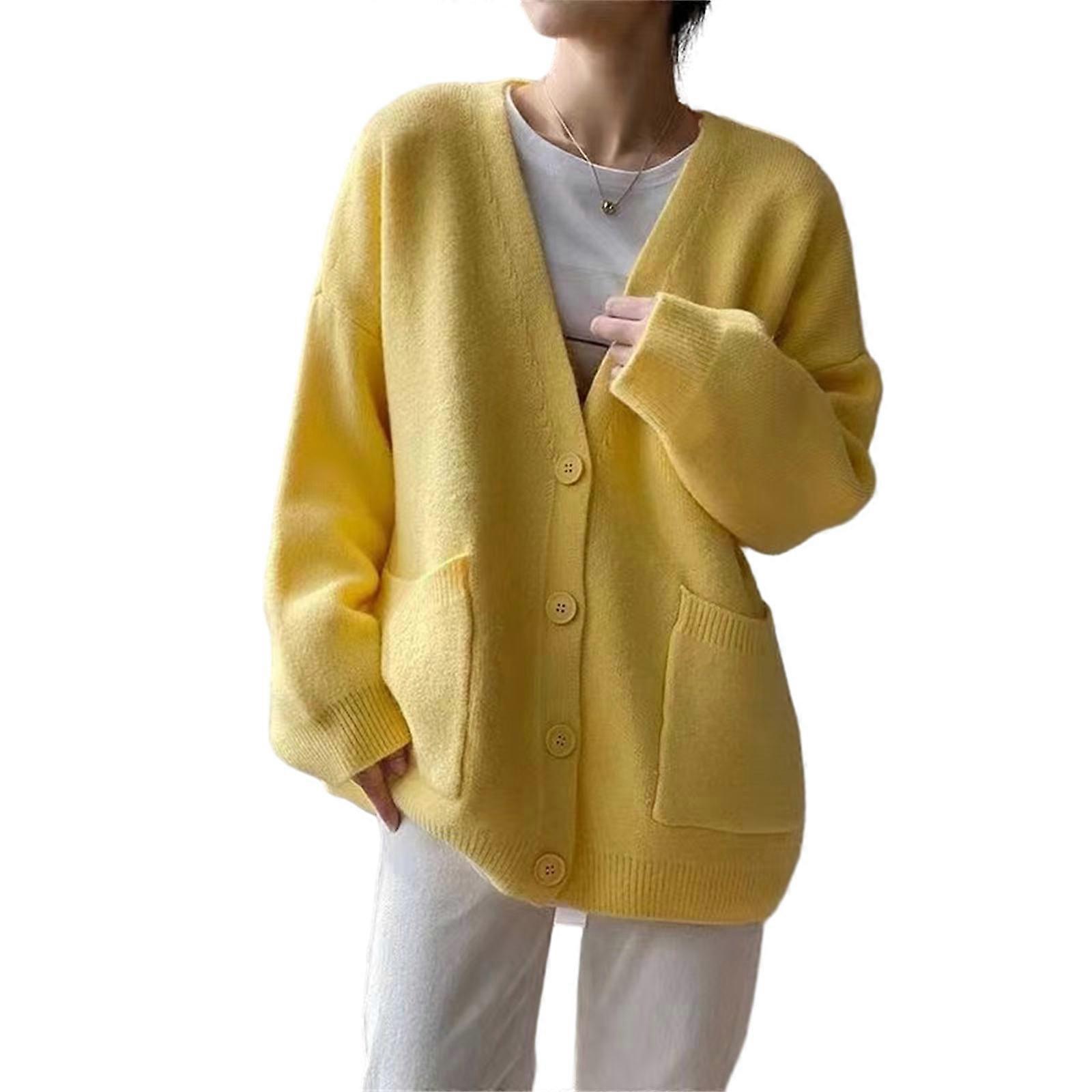 Womens Pocket Cardigans Cable Knitted Button Down V-neck Solid Color Outerwear Sweater Coat Knitwear  One Size Yellow