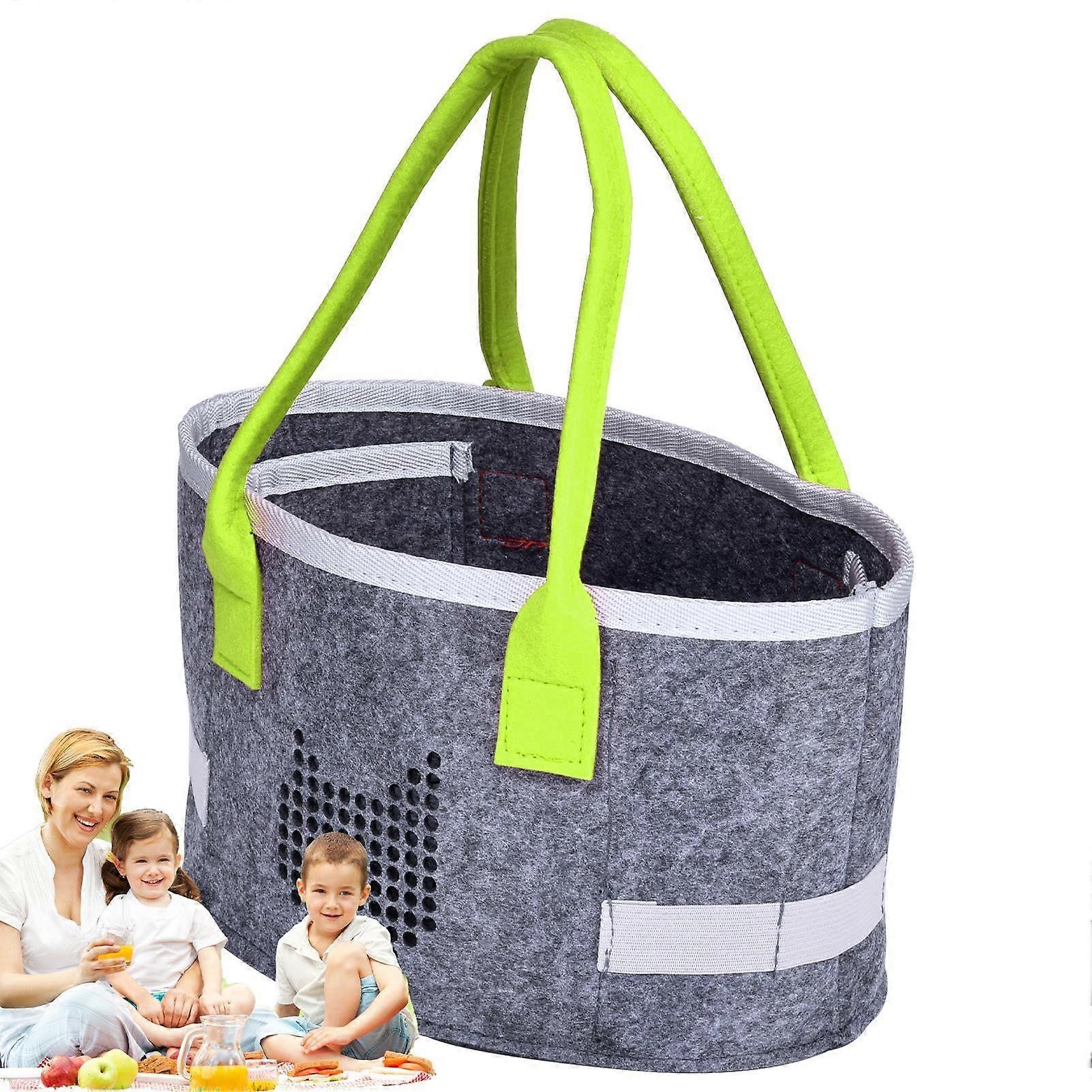 Filztransport Portable Felt Organizer, Oval Picnic Tote with Handle, Foldable Cosmetic Travel Container in Green