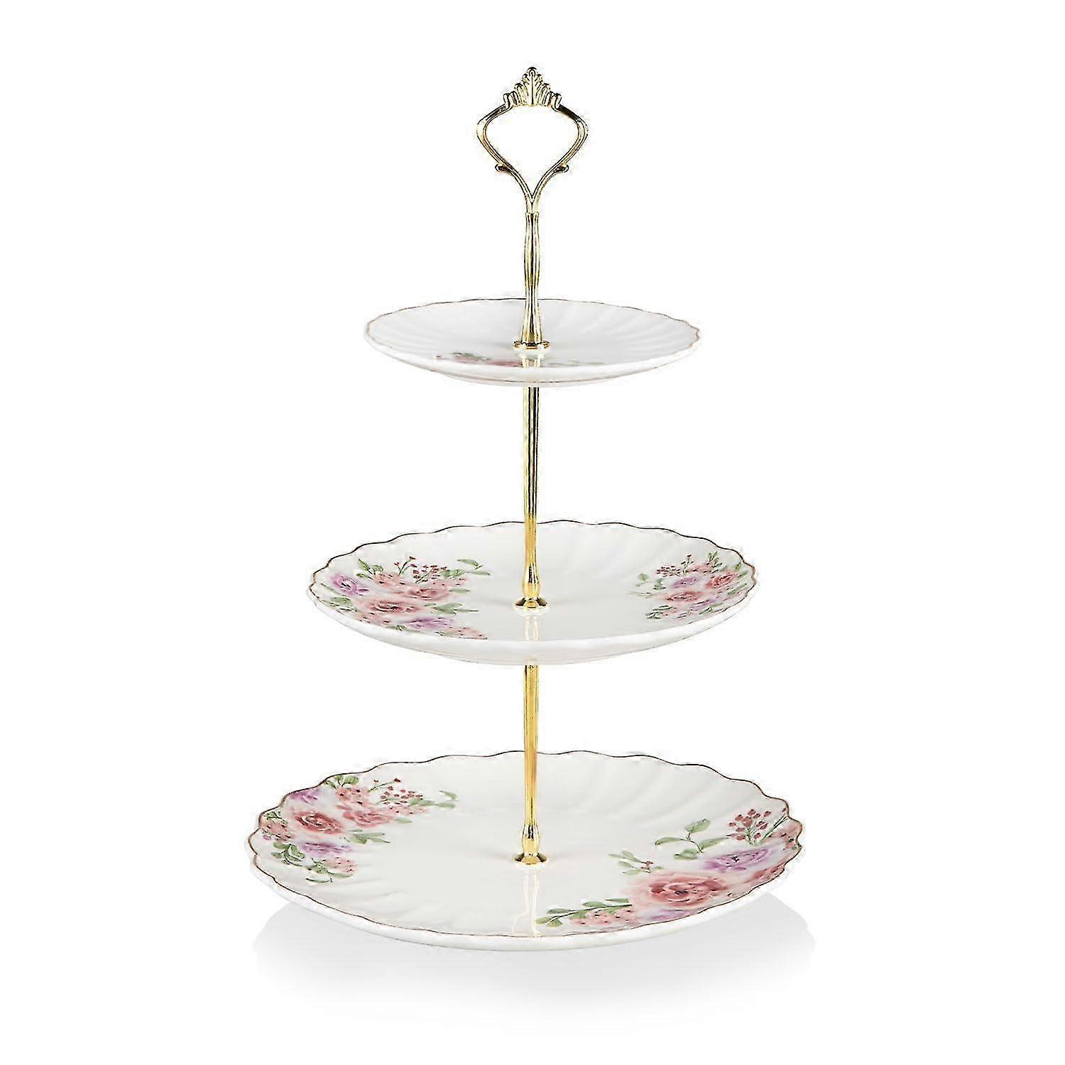 Three-Tier Ceramic Cake Stand for Tea Party with Rose Flower Design