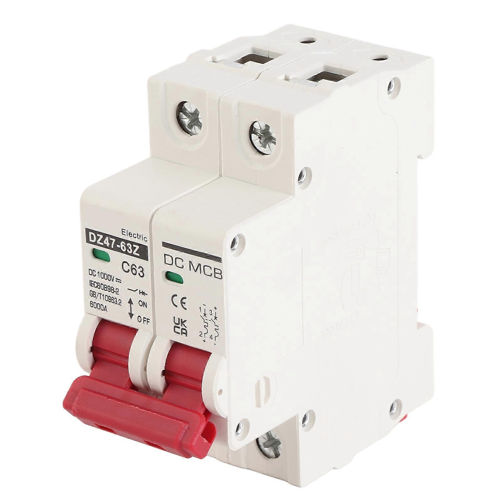 Rankomu D C Circuit Breaker Circuit Breaker 2P Low Voltage 63A DC 1000V, DIN Rail Mount Mini Circuit Breaker Protector with 6000A Breaking Capacity