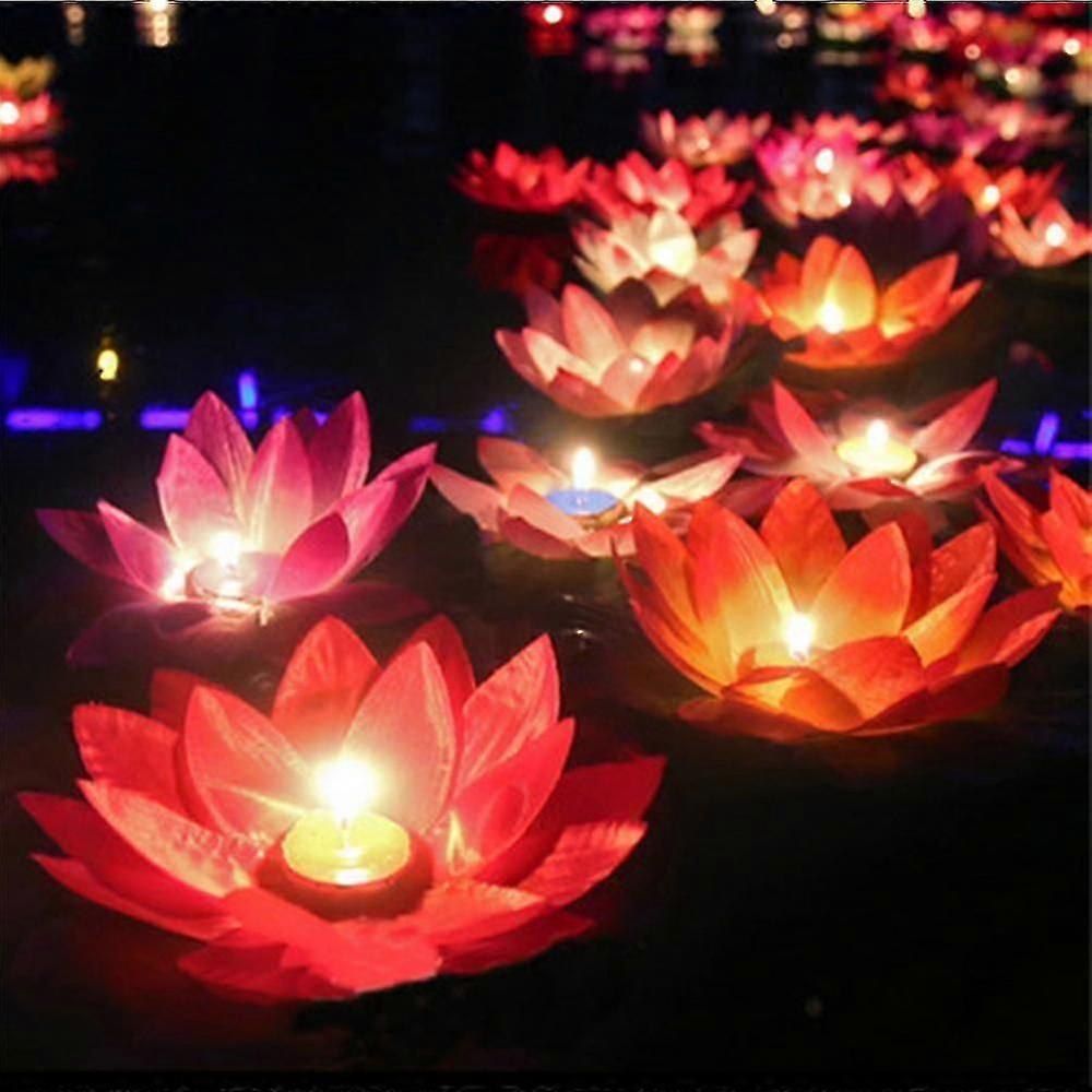 10pcs Multicolor Silk Lotus Lantern Light Floating Candles Decorations