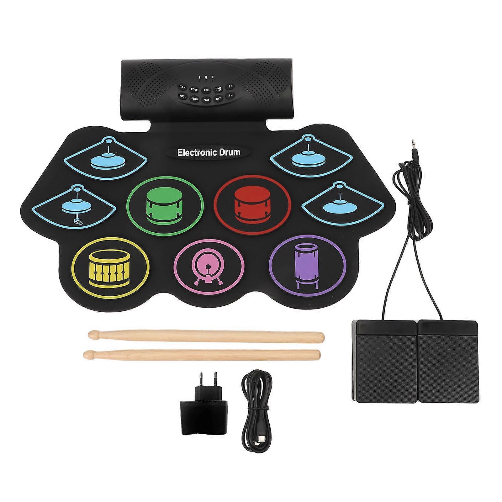 Electronic Drum Pad Set BT MIDI Recording Roll Up Electronic Drum Mat with Drumstick Pedal 100‑240V EU Plug