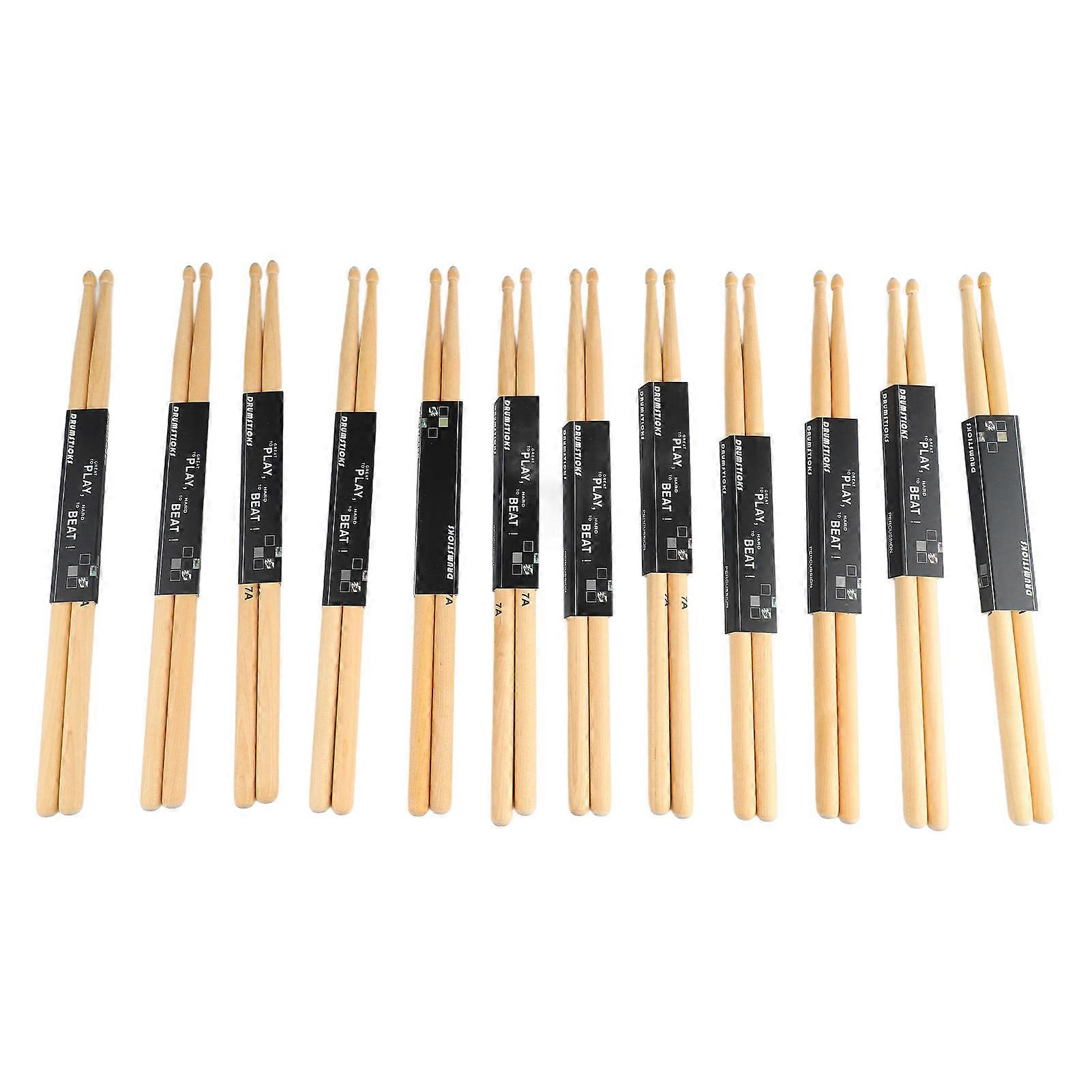 12 Pairs 7A Drumstick Maple Wood Oval Tip Anti Slip Drum Stick Set for Performance Practice