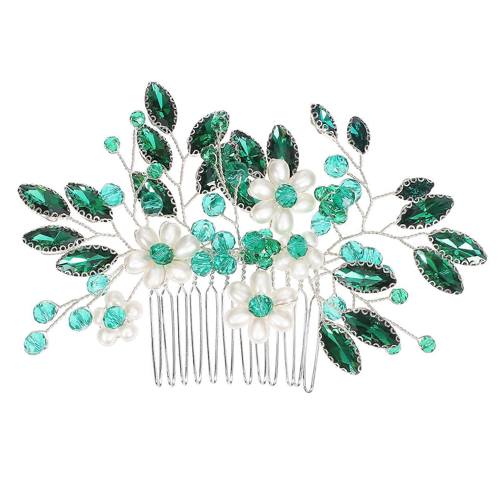 Wedding Hair Accessories Comb Crystal Leaves Headpiece For Women Elegant Floral Pattern Dark Green 1Set