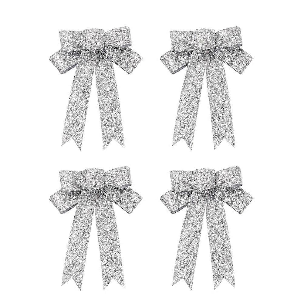 Decorative Bows For Wreaths 4Pcs Bowknot Christmas Tree Ornaments Silver Color Festive Style Christmas Decoration