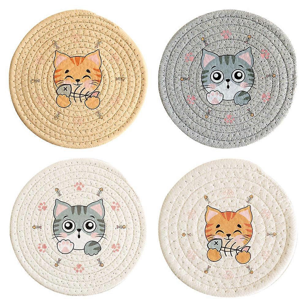4pcs Heat Resistant Woven Cup Mats, Decorative Cotton Linen Coasters for Table Protection, Insulating Pads for Home Dining & Kitchen Use, Easy Clean