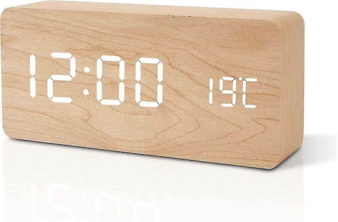 Wooden LED Alarm Clock, Modern Digital Table Clock with Voice, Touch Display, Time/Date/Temperature for Home and Office, Brown/Orange