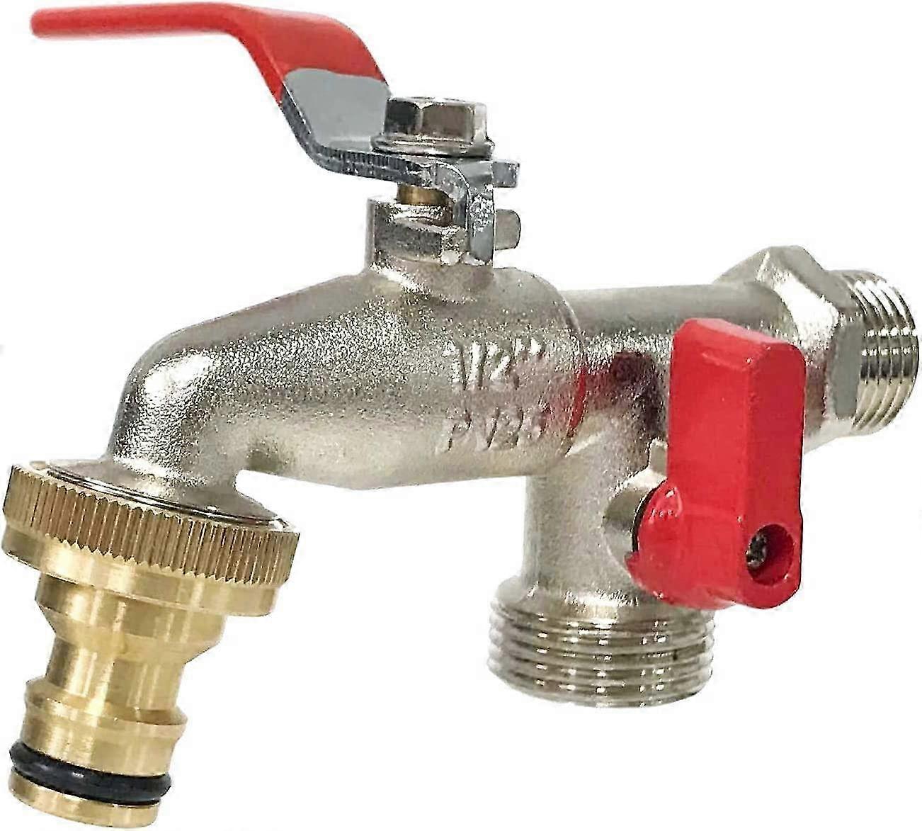 2025 PIAO G6354 Double Outlet Garden Tap 1/2" 3/4". Perfect for Patios and Decks with Timer Irrigation, Silver