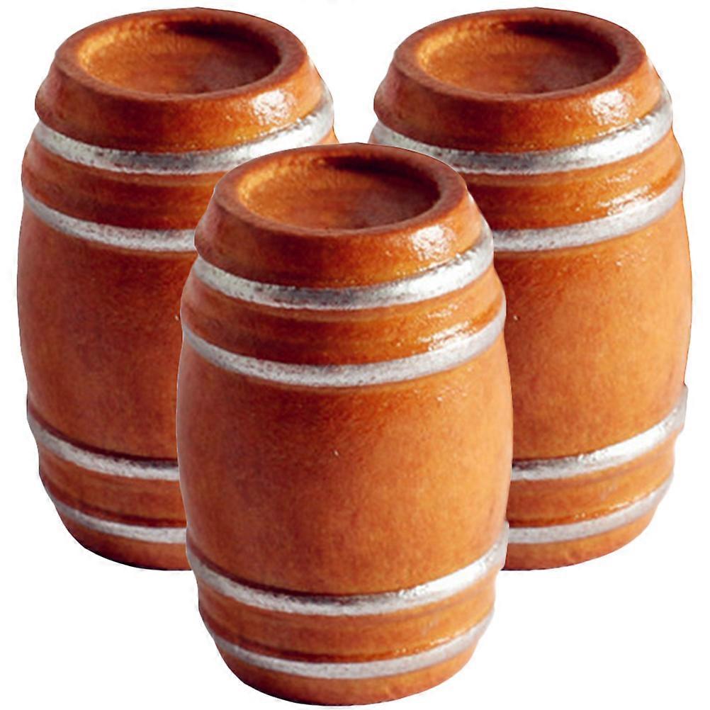 Miniature Barrel Model Wooden Mini House Barrel for Playing 3Pcs Set Brown