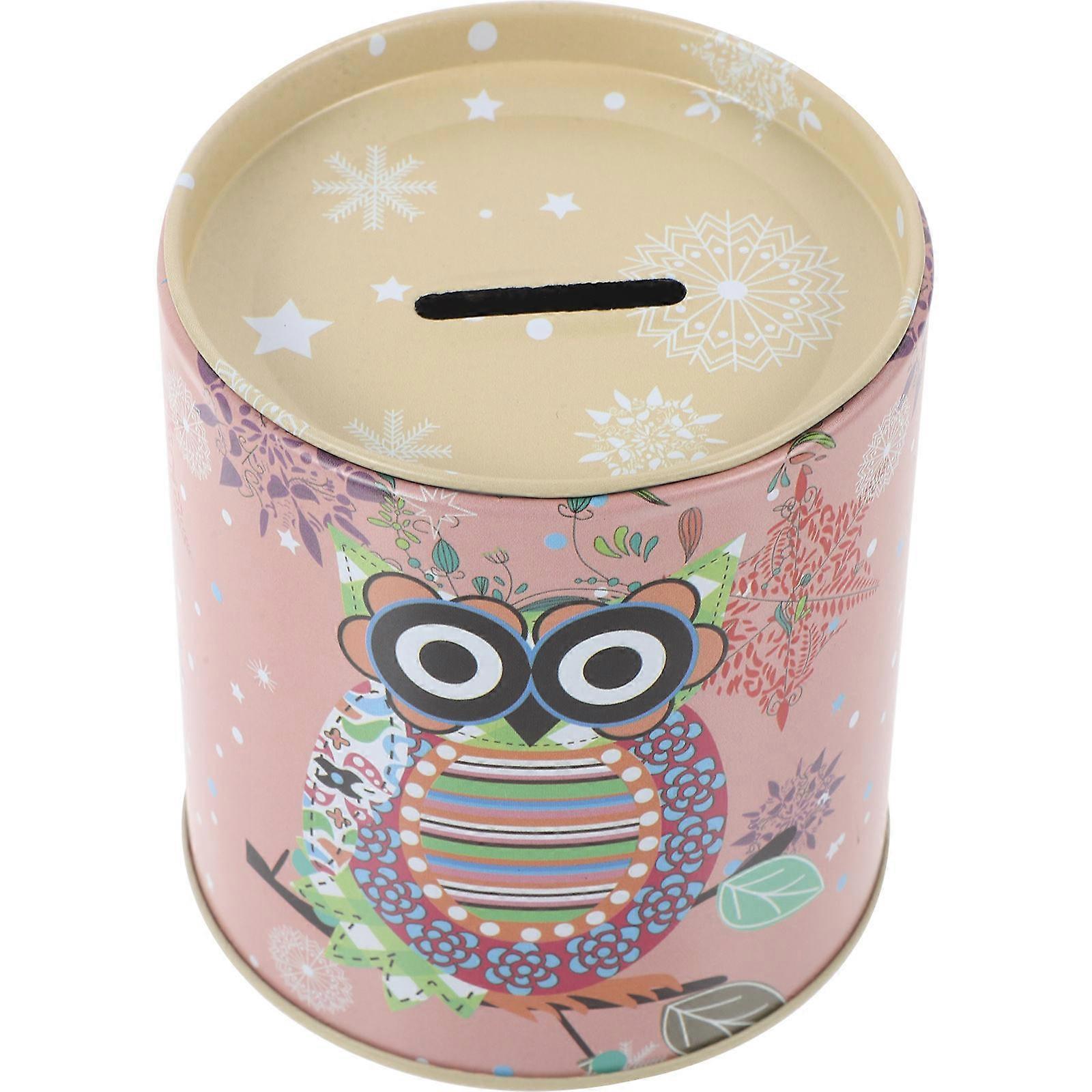 Cartoon Piggy Bank 2Pcs Unique Owl Pattern Coin Container Ideal For Children Birthday Table Decor Round Pink Tinplate