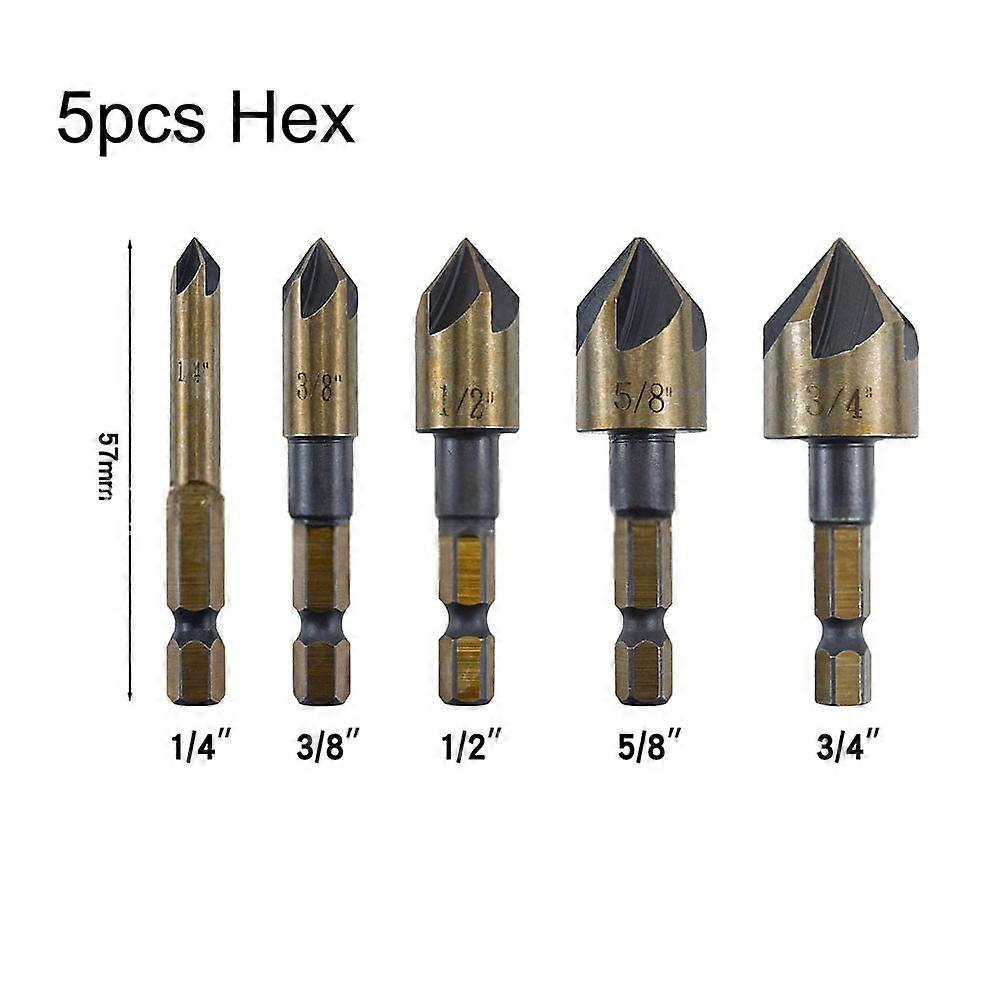 5Pcs M35 Cobalt Countersink Drill Bit Set 82 Degree 5 Flute Hex Shank Metal