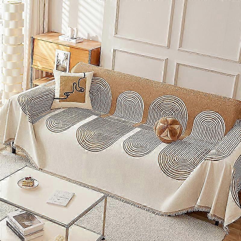 Reversible Chenille Sofa Cover, Couch Blanket for Dogs, Multifunctional Sofa Protector, Geometric Line Pattern, Non-Slip, with Tassel (ColorBeige