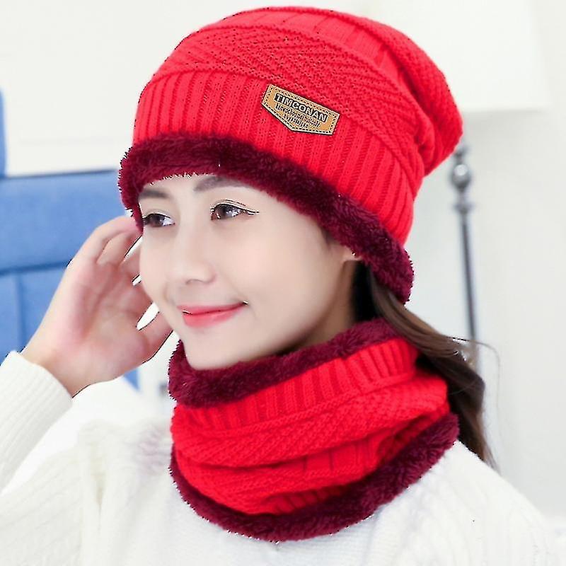 帽子 冬 ユニセックス タウンウォール ビーニー スカーフスーツ 厚くてぬいぐるみ 暖かい ニット 帽子 レッド
